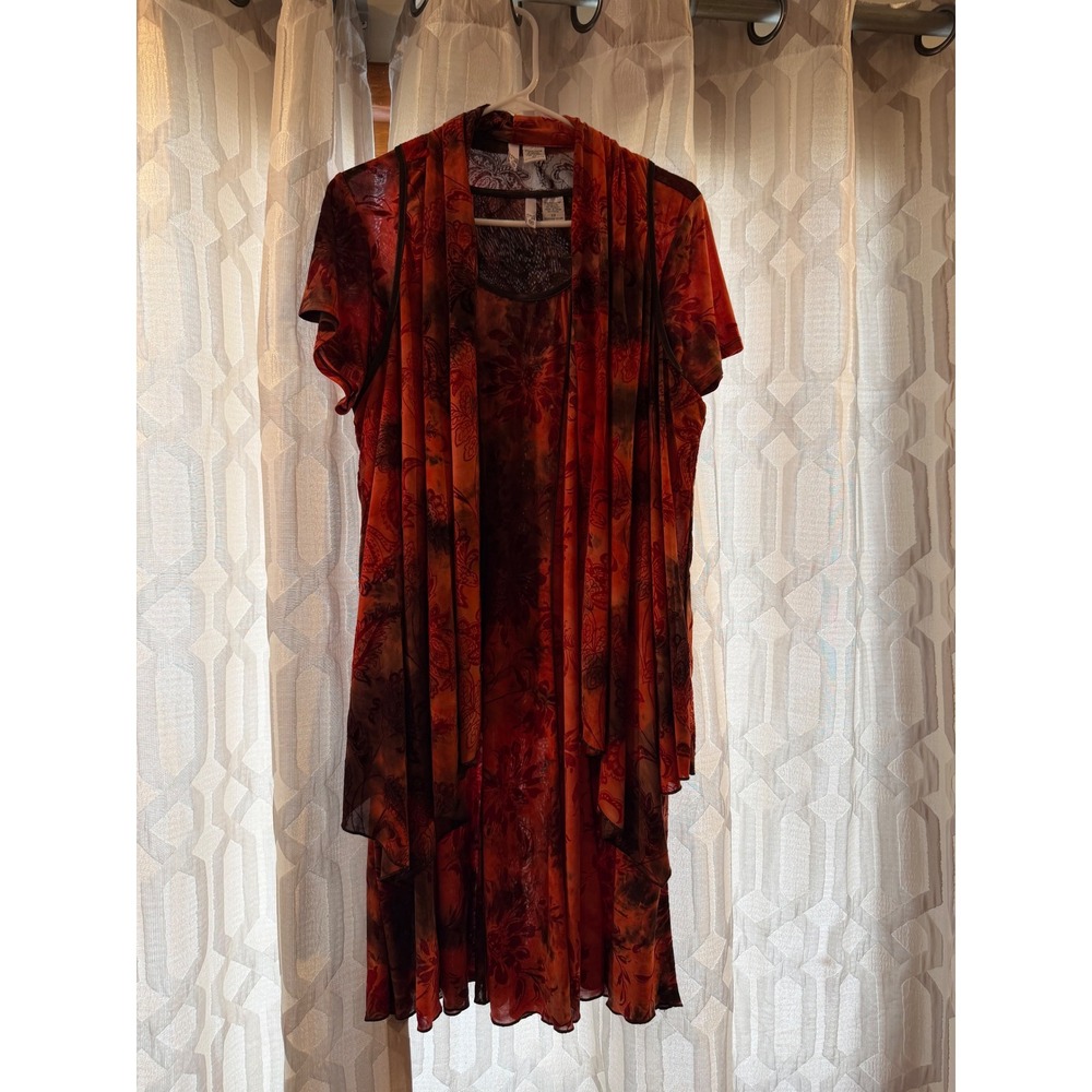Sami & Jo Womens 2X Orange Floral Print 2 Piece Dress Set Sheer Overlay